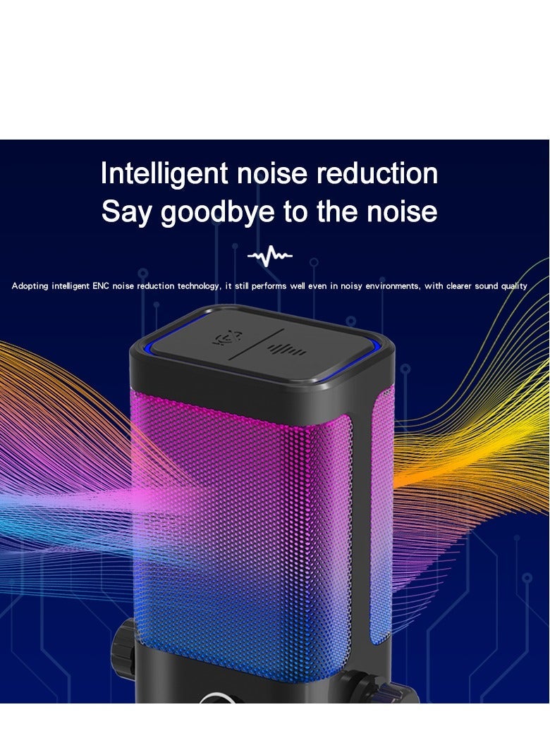 يوشي ميكروفون M7 الديناميكي لتسجيل المدونات من YU'S بث العاب - ضوء RGB - USB وزر كتم الصوت ومقبس سماعات راس وحامل لسطح المكتب صوتي للغناء واليوتيوب أسود أحادي الاتجاه - Image 3